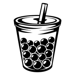 Stylized black and white illustration of a cup of boba tea with straw