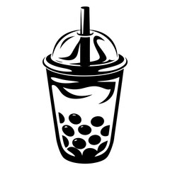 Black and White Bubble Tea Illustration with Boba and Lid