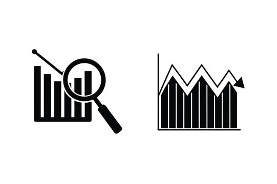 Financial analysis with increasing and decreasing bar graphs with a magnifying glass icon