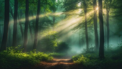 Fototapeta premium Morning Light Filtering Through Colorful Fall Trees in the Forest