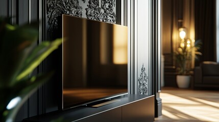 A modern TV framed as art on a minimalist wall, blending technology with timeless elegance.