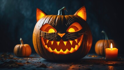 Spooky cat inside a jack-o-lantern pumpkin with candle light for Halloween