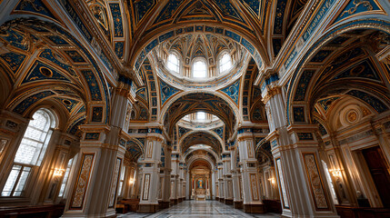 Elegant interior view of a grand church. Majestic ceiling architecture, detailed ornamentation and light
