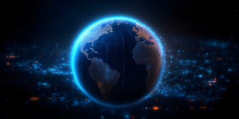 Obraz premium Global Connectivity: A mesmerizing digital rendering of planet earth illuminated by a radiant blue light, representing the interconnectedness of the world and the vast network of data that binds it.