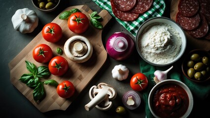 Cooking pizza ingredients laid out on table, top view