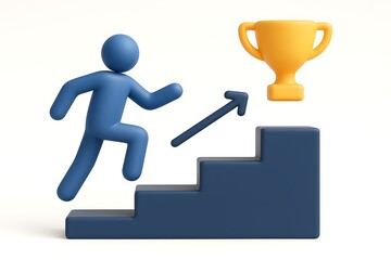 blue figure climbing navy steps with arrow pointing to golden trophy 3d icon symbolizing goal achievement and success