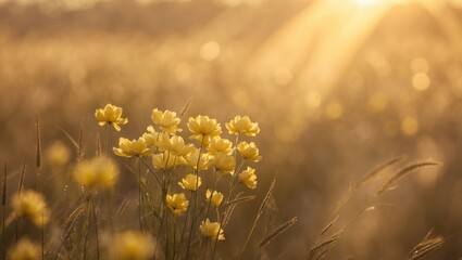 Golden sunset rays shining on flowers
