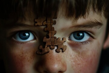Young boy with blue eyes and puzzle pieces on forehead.
