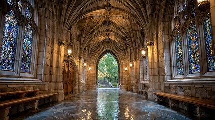 Elegant stone hallway, stained glass windows, arched ceiling, leading to a lush garden outdoors