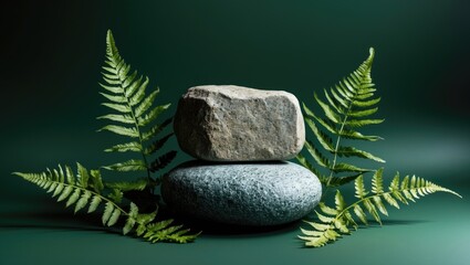 Obraz premium Luxurious vacant marble stone podium with green leaves against a dark backdrop. Conceptual scene stage for advertising, sale, presentation or cosmetics. Minimal mock-up template.