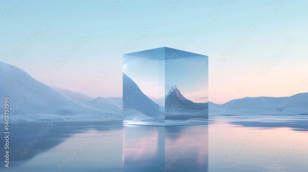 Poster 氷のキューブが浮かぶ雪山の風景 透明なキューブに反射する冬の山並みと湖面 穏やかな空の下での静寂な自然美