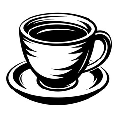 Monochrome illustration of a coffee cup and saucer filled with liquid