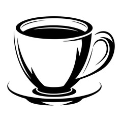 Elegant black and white vector illustration of a coffee cup with saucer