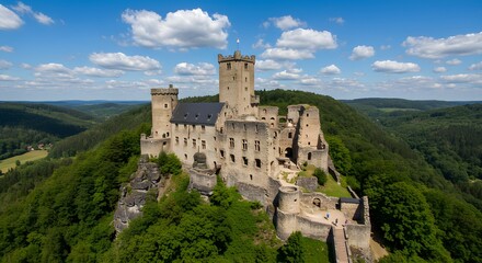 Naklejka premium Medieval Castle on Hill with Forest Landscape