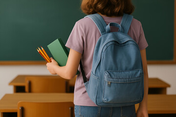 Uczennica z niebieskim plecakiem i zeszytem w klasie – powrót do szkoły, edukacja, nauka