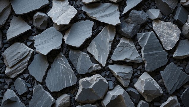 Dark black and grey slates as natural decoration material for landscaping and garden surfaces