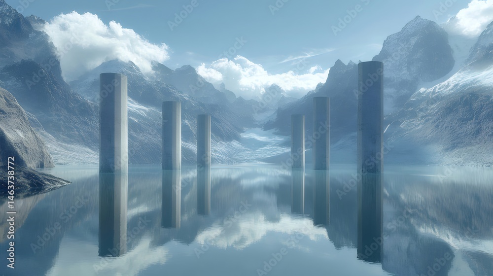Poster 湖に映る柱と山々のデジタル風景 静寂な雰囲気の青と白の抽象的な背景