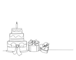 Birthday cake with gift box outline drawing illustration. one continuous line drawing of Birthday cake with present box.