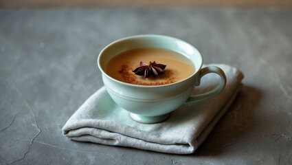 Hot masala tea or coffee in a blue mug featuring cinnamon, clove, and star anise spices