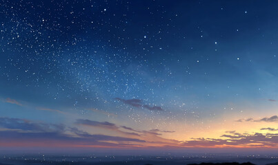 Evening landscape featuring a starry night sky with hues of blue, orange, and pink, clouds