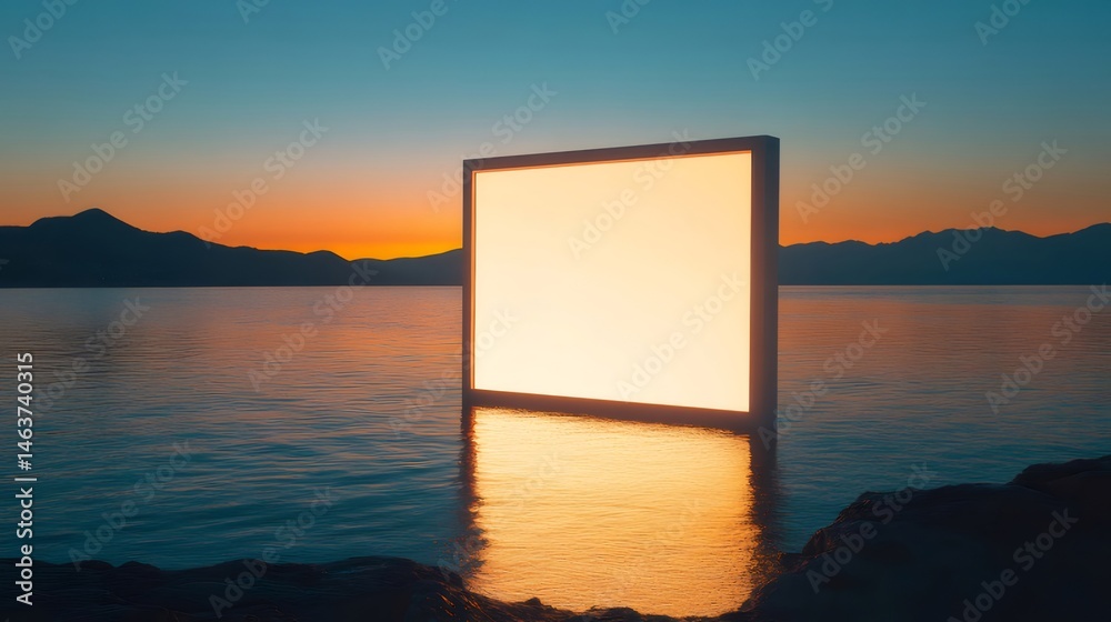 Poster 劇的な夕焼けの海に浮かぶ四角いライトボックスの抽象的なイメージ、反射光が水面に広がる