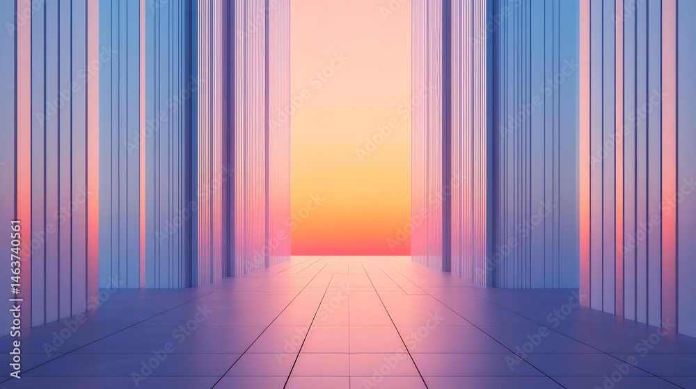 Poster パステルカラーの夕暮れ時の空への幾何学的な通路ミニマリストの建築デザインと柔らかい光の効果