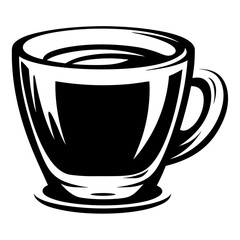 Black and white minimalist illustration of a coffee cup on a saucer