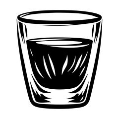 Stylized Single Shot Glass Filled with a Dark Liquid in Black and White