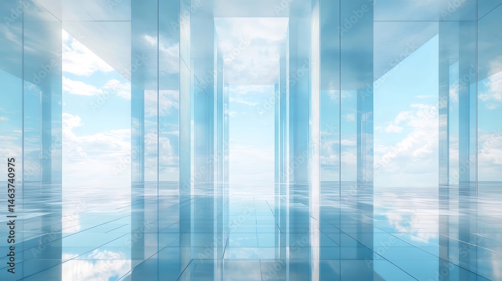 Poster 透明な青い建物構造水と空のリフレクション無限の空間のミニマルなデザイン