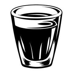 Monochrome illustration of a stylized shot glass filled with dark liquid