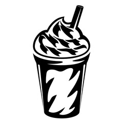 Black and white illustration of a delicious milkshake with whipped cream