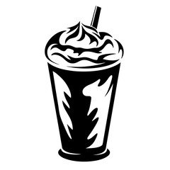 Stylized Frappuccino with Whipped Cream and Straw Illustration in Black and White