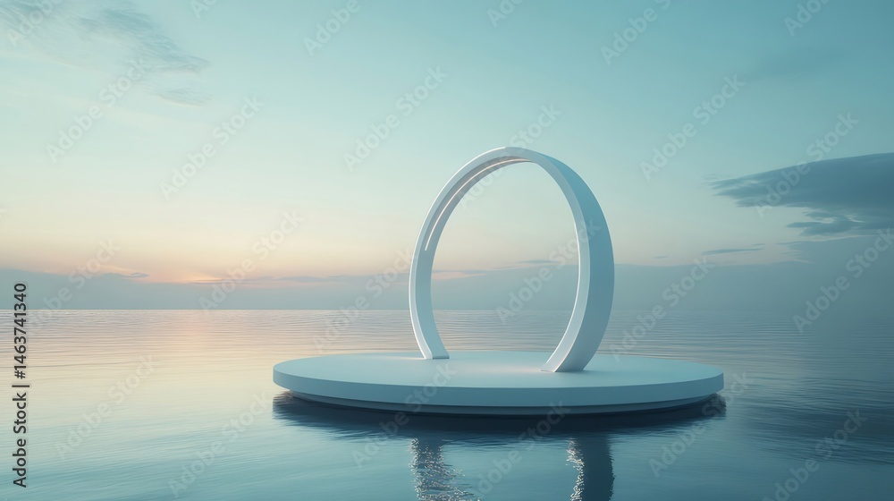 Poster ミニマルな海の風景 白い幾何学的なリングと水面反射のある瞑想的な眺め