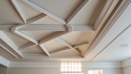 Fototapeta premium Types of angles for ceiling skirting using classic crown moldings. Close-up detail of decorative features in home renovation.