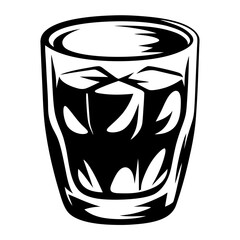 Monochrome illustration of an old fashioned glass with ice and liquid, vector