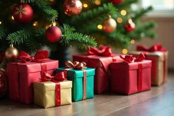 Multicolored packages with bows, nestled under lush Christmas tree, background, blue