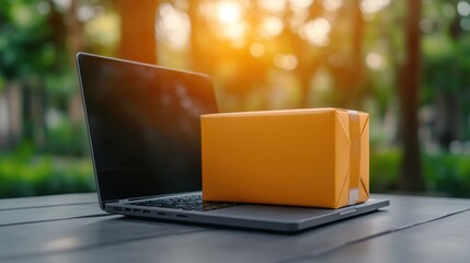 Orange package on laptop online shopping e commerce delivery service