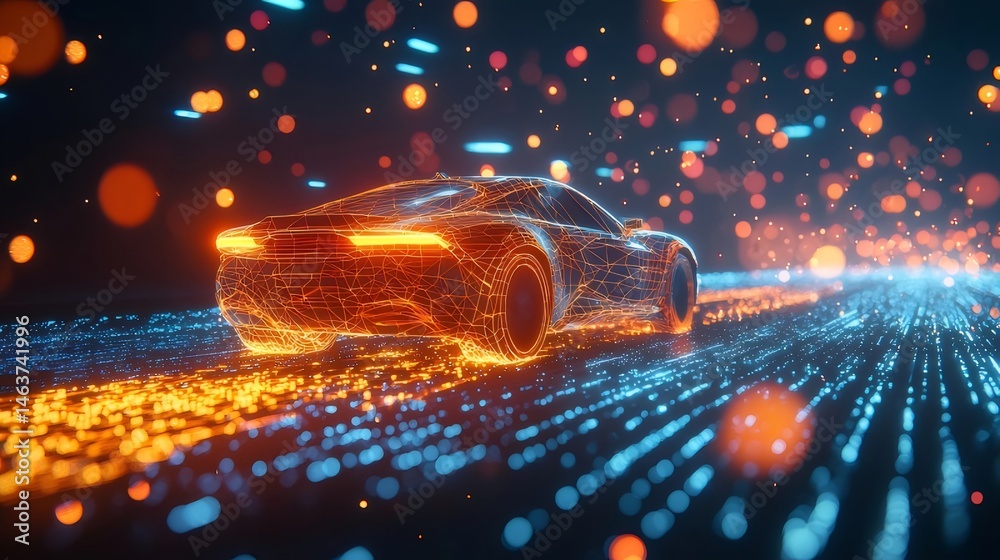 Aufkleber オレンジと青のピクセルカーが未来的なデジタル道路を高速で走る様子の3dレンダリングされたイメージ