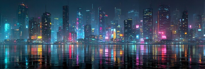 A vibrant futuristic cyberpunk cityscape at night illuminated by glowing neon lights, showcasing a high-tech, digital metropolis full of energy and mystery.