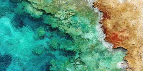 Tropical Coastline Golden Hour Beautiful Sunlight Concept. Aerial View of Vibrant Coral Reef and Golden Sand Shoreline at Tropical Beach
