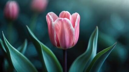 Fototapeta premium Pink tulip macro shot with green leaves