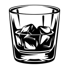 A monochrome illustration of a rocks glass filled with ice cubes
