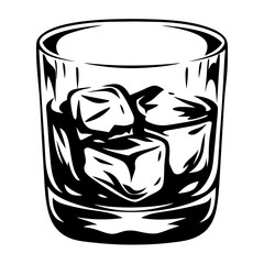 Monochrome illustration of a short glass with ice cubes inside a drink