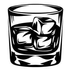 Monochrome illustration of a glass of whiskey on the rocks and alcohol