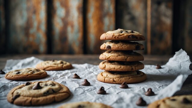 Chocolate chip cookies set on a background surface - Powered by Adobe