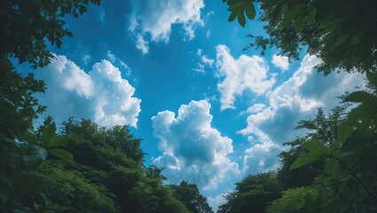 Obraz premium Peaceful Natural Setting Under Blue Sky and Green Trees