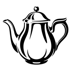Monochrome Illustration of a Classic Teapot with Lid and Curved Handle