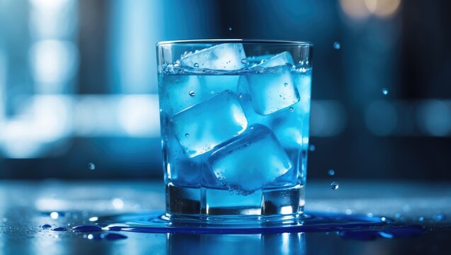 Close-Up of Blueberry Syrup Drink with Ice and Water Texture