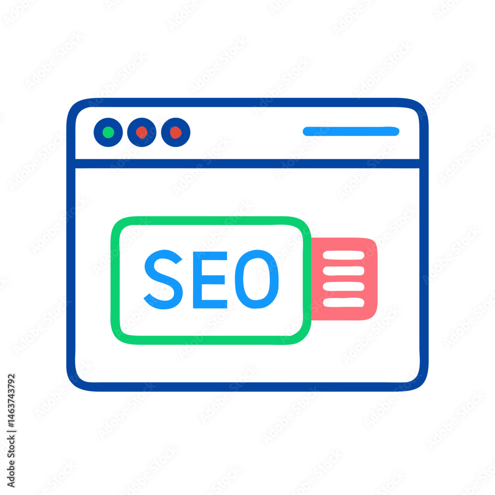 Fototapete Webpage with SEO Label Icon Representing SEO Landing Page and Search Optimization