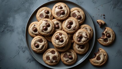 Obraz premium High angle view of a dish featuring warm chocolate chip cookies from above